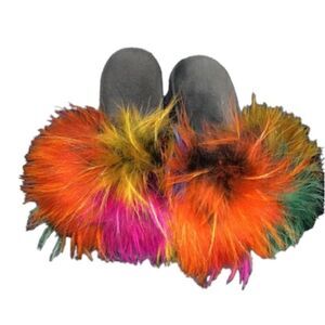 Faux Fur Multi Color Slide Sandals Size 10